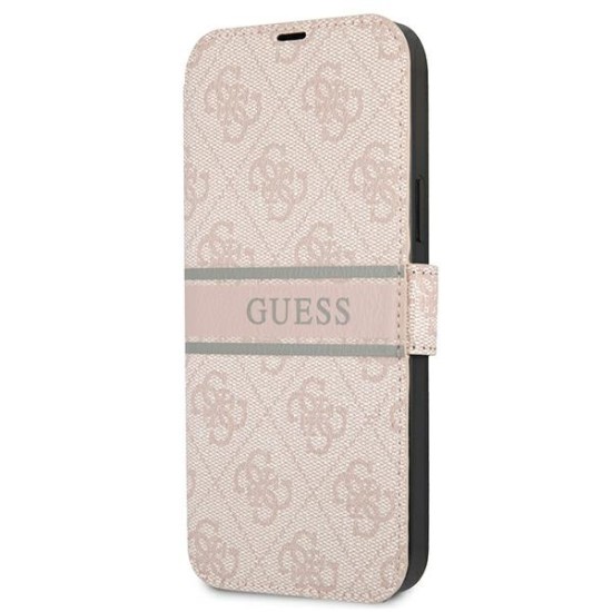 Guess 4G Stripe Collection Book Case GUBKP13L4GDPI priekš Apple iPhone 13 Pro - Rozā - mākslīgās ādas sāniski atverams maciņš ar stendu