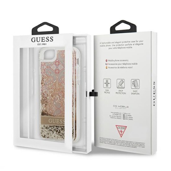 Guess Paisley Liquid Glitter Collection Back Case GUHCI8LFLSD priekš Apple iPhone 7 / 8 / SE2 (2020) / SE3 (2022) - Zelts - silkona-plastikāta aizmugures apvalks / bampers-vāciņš