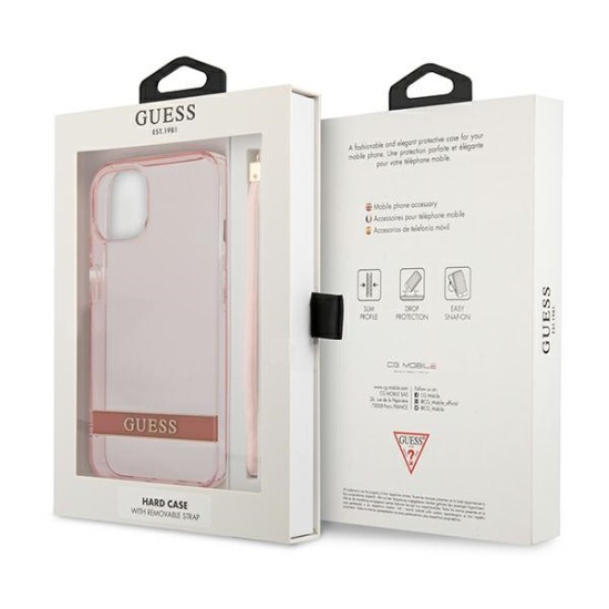 Guess Translucent Stap Collection Back Case GUHCP13MHTSGSP priekš Apple iPhone 13 - Rozā - silkona aizmugures apvalks ar auklu / bampers-vāciņš