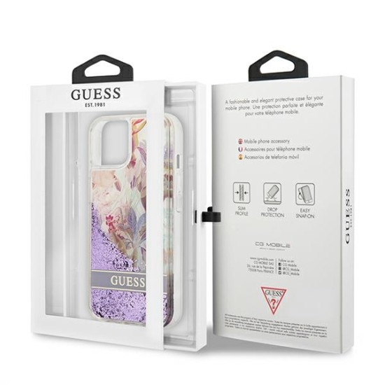 Guess Flower Liquid Glitter Collection Back Case GUHCP13MLFLSU priekš Apple iPhone 13 - Violets - silkona-plastikāta aizmugures apvalks / bampers-vāciņš