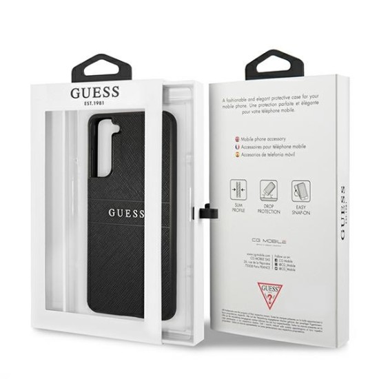 Guess Saffiano Stripe Collection Back Case GUHCS21FE4GMGPI priekš Samsung Galaxy S21 FE 5G G990 - Melns - mākslīgās ādas aizmugures apvalks / bampers-vāciņš