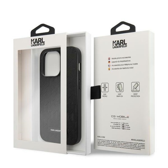 Karl Lagerfeld Saffiano Mono Metal Logo series Back Case KLHCP14XSAKLHPK priekš Apple iPhone 14 Pro Max - Melns - mākslīgās ādas aizmugures apvalks / bampers-vāciņš