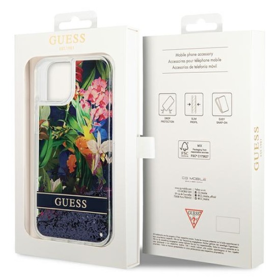 Guess Liquid Glitter Flower Collection Back Case GUHCP14SLFLSB priekš Apple iPhone 14 - Zils / Puķains - silkona-plastikāta aizmugures apvalks / bampers-vāciņš