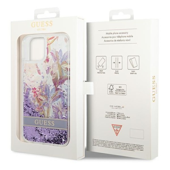 Guess Liquid Glitter Flower Collection Back Case GUHCP14SLFLSU priekš Apple iPhone 14 - Violets / Puķains - silkona-plastikāta aizmugures apvalks / bampers-vāciņš