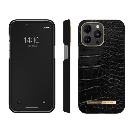 iDeal of Sweden Atelier AW20 Back Case priekš Apple iPhone 14 Pro Max - Neo Noir Croco - mākslīgās ādas aizmugures apvalks ar iebūvētu metālisku plāksni / bampers-vāciņš