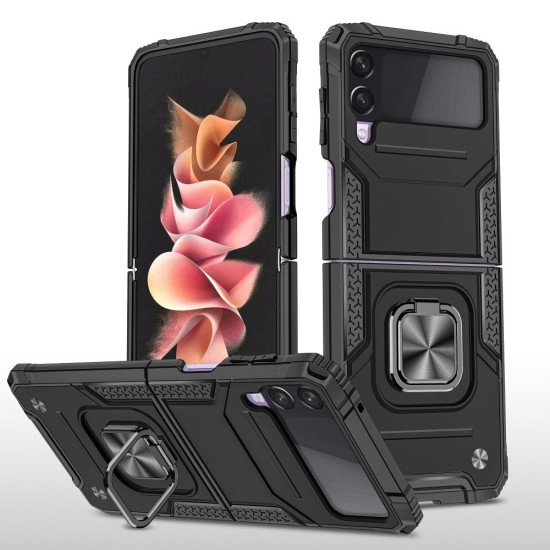 Forcell Nitro Case priekš Samsung Galaxy Flip4 5G - Melns - triecienizturīgs silikona-plastikāta aizmugures apvalks ar gredzenu-turētāju / vāciņš