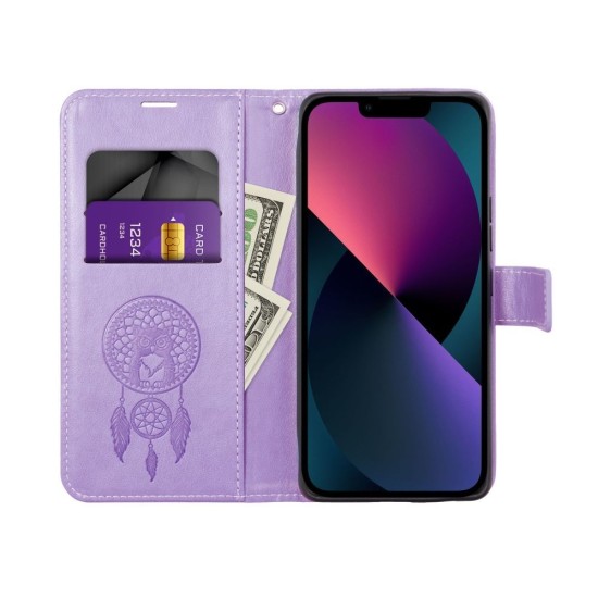 Forcell Mezzo Book Case priekš Apple iPhone 14 - Violets / Sapņu Ķērājs - sāniski atverams maciņš ar stendu un auklu / grāmatveida maks