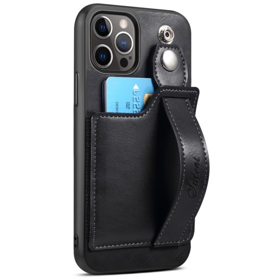 Suteni Impact Buffer PU Leather Back Case with Card Slot and Kickstand priekš Apple iPhone 12 / 12 Pro - Melns - mākslīgās ādas aizmugures apvalks ar kabatiņu un statīvu / bampers-vāciņš