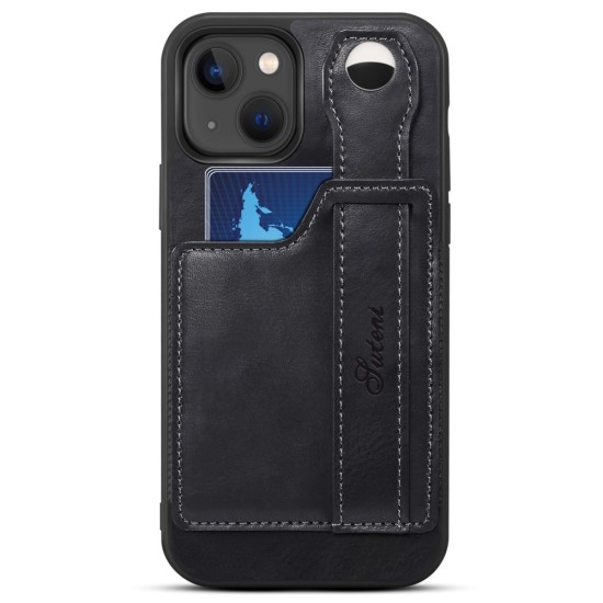 Suteni Impact Buffer PU Leather Back Case with Card Slot and Kickstand priekš Apple iPhone 14 - Melns - mākslīgās ādas aizmugures apvalks ar kabatiņu un statīvu / bampers-vāciņš