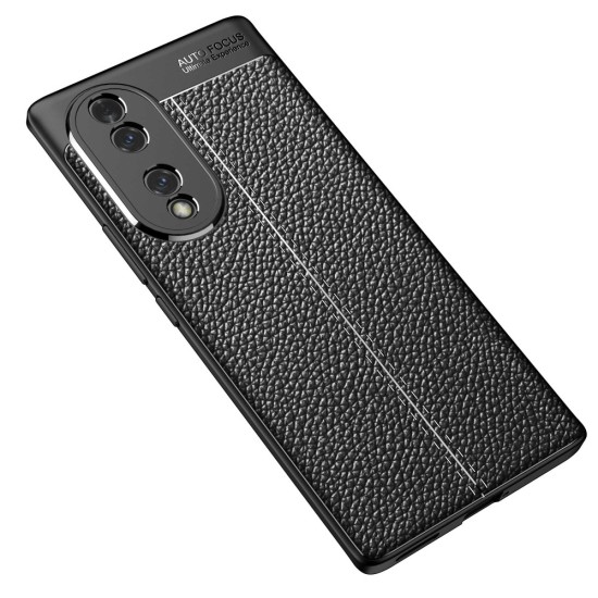 Litchi Skin PU Leather Coated TPU Mobile Phone Case priekš Huawei Honor 70 - Melns - ādas imitācijas triecienizturīgs silikona aizmugures apvalks (maciņš, bampers, vāciņš, slim cover, bumper, back case)