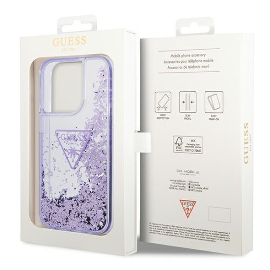 Guess Liquid Glitter Palm Collection Back Case GUHCP14LLFCTPU priekš Apple iPhone 14 Pro - Violets - silkona-plastikāta aizmugures apvalks / bampers-vāciņš