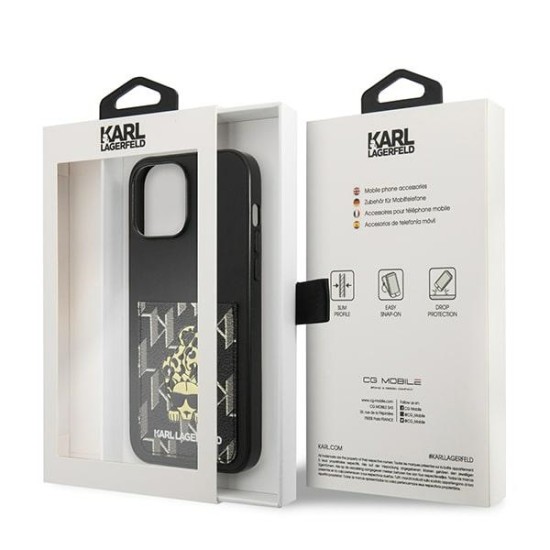 Karl Lagerfeld Karlimals Cardslot series Back Case KLHCP13XCANCNK priekš Apple iPhone 13 Pro Max - Melns - mākslīgās ādas aizmugures apvalks ar kabatiņu / bampers-vāciņš