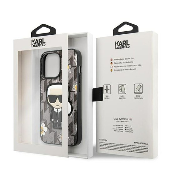 Karl Lagerfeld Flower Ikonik Karl series Back Case KLHCP13XPMNFIK1 priekš Apple iPhone 13 Pro Max - Pelēks - mākslīgās ādas aizmugures apvalks / bampers-vāciņš