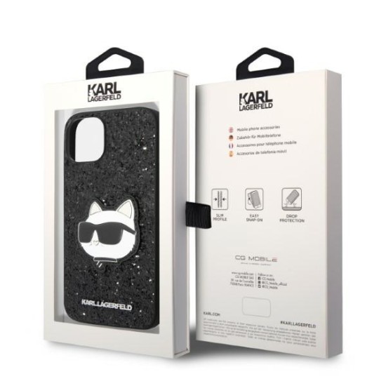 Karl Lagerfeld Glitter Choupette Patch series Back Case KLHCP14SG2CPK priekš Apple iPhone 14 - Melns - silikona-plastikāta aizmugures apvalks / bampers-vāciņš