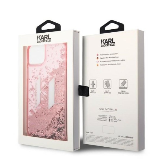 Karl Lagerfeld Liquid Glitter Big KL series Back Case KLHCP14SLBKLCP priekš Apple iPhone 14 - Rozā - silikona-plastikāta aizmugures apvalks / bampers-vāciņš