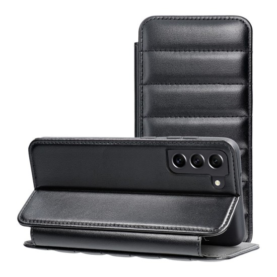 Puffer Book Case priekš Samsung Galaxy S21 FE 5G G990 - Melns - sāniski atverams maciņš ar stendu / grāmatveida maks