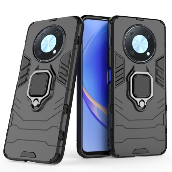 Ring Kickstand PC / TPU Phone Case Built-in Magnetic Metal Sheet priekš Huawei Nova Y90 - Melns - triecienizturīgs silikona-plastikāta aizmugures apvalks ar gredzenu / bampers-vāciņš
