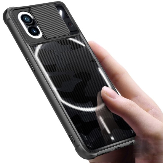 Rzants Soft TPU Hard Acrylic Camouflage Pattern Back Case with Camera Slide priekš Nothing Phone (1) - Melns - triecienizturīgs silikona-plastikāta aizmugures apvalks ar kameras aizsargmehānismu / bampers-vāciņš