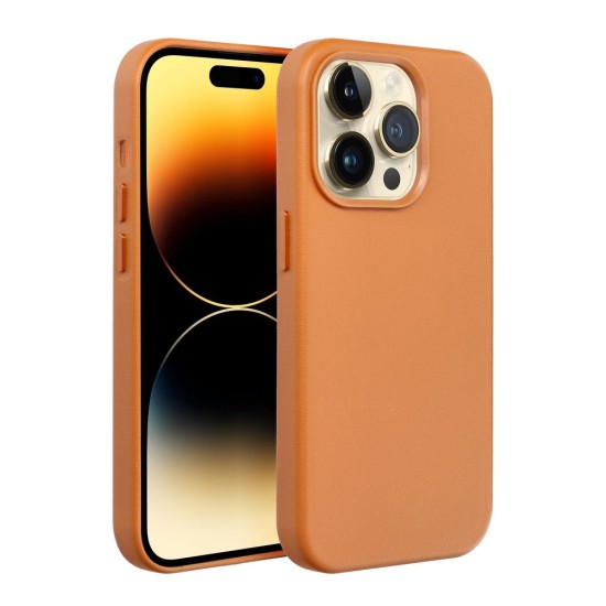 Leather MagSafe Back Case priekš Apple iPhone 14 Pro - Tumši Oranžs - mākslīgās ādas aizmugures apvalks / bampers-vāciņš
