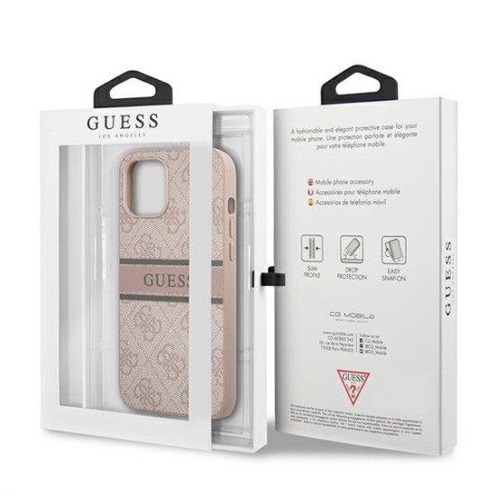 Guess 4G Stripe series Back Case GUHCP12M4GDPI priekš Apple iPhone 12 / 12 Pro - Rozā - mākslīgās ādas aizmugures apvalks / bampers-vāciņš