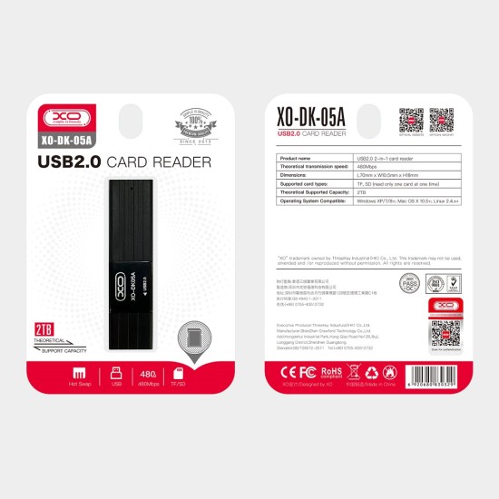 XO DK05A SD / Micro SD Card Reader with USB - Melns - atmiņas karšu lasītājs ar USB un Type-C izeju