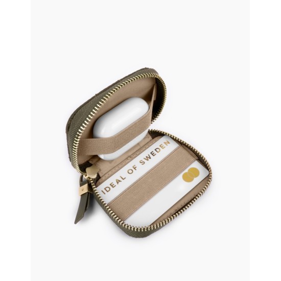 iDeal of Sweden Athena Necklace AG22 Back Case priekš Apple iPhone 14 - Khaki - mākslīgās ādas aizmugures apvalks ar siksniņu un Airpods somiņu / bampers-vāciņš