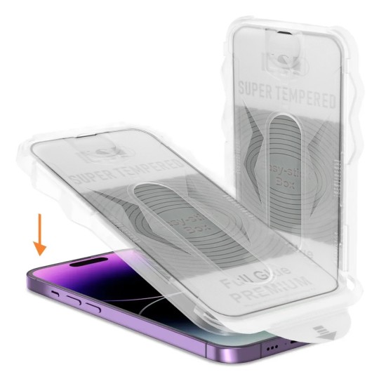 Easy-Stick Box Full Glue Tempered Glass screen protector priekš Apple iPhone 13 / 13 Pro / 14 - Melns - Ekrāna Aizsargstikls / Bruņota Stikla Aizsargplēve