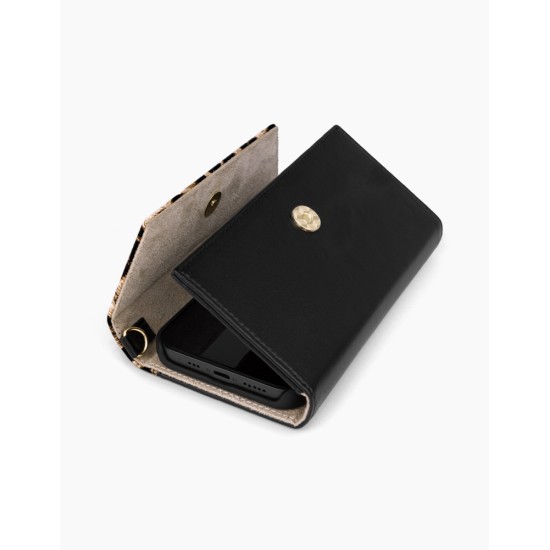 iDeal of Sweden Cassette AW21 Clutch priekš Apple iPhone 12 mini - Midnight Leopard - mākslīgās ādas grāmatveida maks rokassomas veidā ar siksniņu
