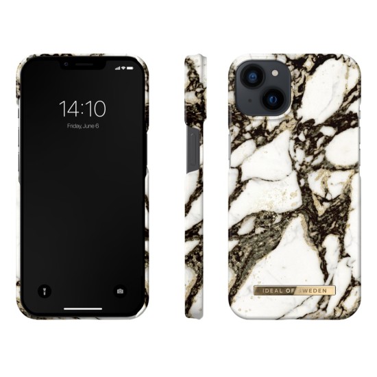 iDeal of Sweden Fashion MR21 Back Case priekš Apple iPhone 13 - Calacatta Golden Marble - plastikāta aizmugures apvalks ar iebūvētu metālisku plāksni / bampers-vāciņš