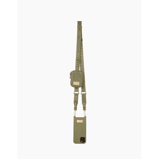 iDeal of Sweden Atelier Necklace SS22 Back Case priekš Apple iPhone 13 - Sage Croco - mākslīgās ādas aizmugures apvalks ar siksniņu un somiņu priekš AirPods / bampers-vāciņš