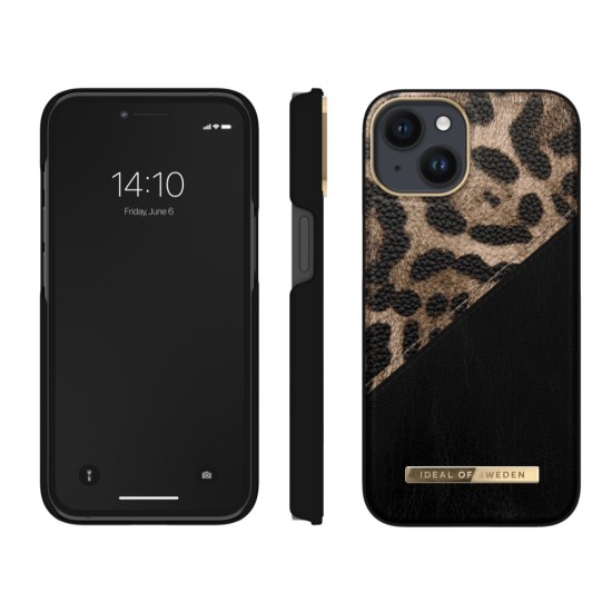 iDeal of Sweden Atelier AW21 Back Case priekš Apple iPhone 14 - Midnight Leopard - mākslīgās ādas aizmugures apvalks ar iebūvētu metālisku plāksni / bampers-vāciņš