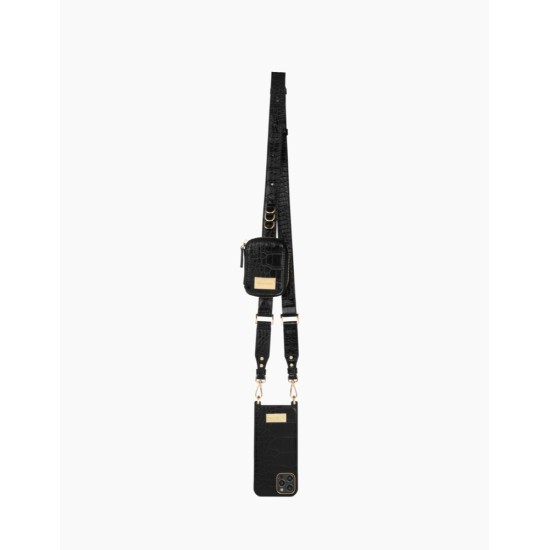 iDeal of Sweden Atelier Necklace SS22 Back Case priekš Apple iPhone 14 Pro - Black Croco - mākslīgās ādas aizmugures apvalks ar siksniņu un somiņu priekš AirPods / bampers-vāciņš