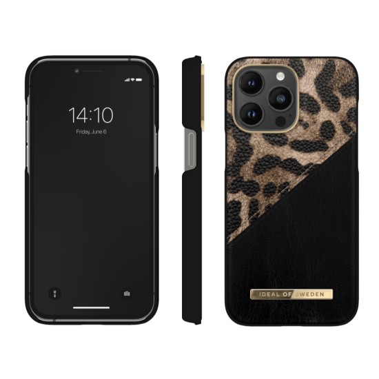 iDeal of Sweden Atelier AW21 Back Case priekš Apple iPhone 14 Pro Max - Midnight Leopard - mākslīgās ādas aizmugures apvalks ar iebūvētu metālisku plāksni / bampers-vāciņš