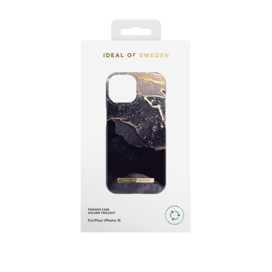 iDeal of Sweden Fashion AW23 Back Case priekš Apple iPhone 15 - Golden Twilight Marble - plastikāta aizmugures apvalks ar iebūvētu metālisku plāksni / bampers-vāciņš