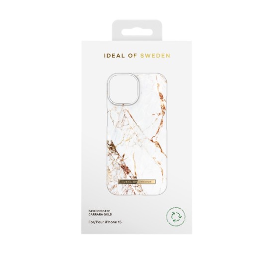 iDeal of Sweden Fashion AW23 Back Case priekš Apple iPhone 15 - Carrara Gold - plastikāta aizmugures apvalks ar iebūvētu metālisku plāksni / bampers-vāciņš