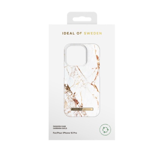 iDeal of Sweden Fashion AW23 Back Case priekš Apple iPhone 15 Pro - Carrara Gold - plastikāta aizmugures apvalks ar iebūvētu metālisku plāksni / bampers-vāciņš