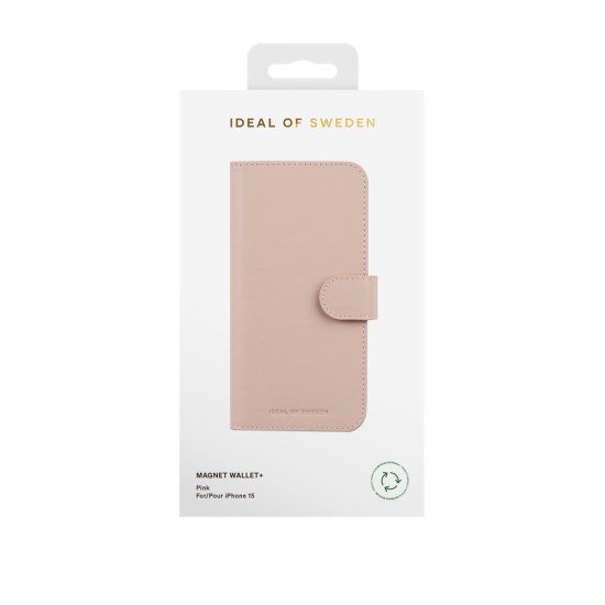 iDeal of Sweden Magnet Wallet+ Case priekš Apple iPhone 15 - Pink - mākslīgās ādas sāniski atverams maciņš ar bamperu uz magnēta