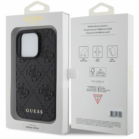 Guess 4G Leather Stamped Collection Back Case GUHCP15LP4EPMK priekš Apple iPhone 15 Pro - Melns - mākslīgās ādas aizmugures apvalks / bampers-vāciņš