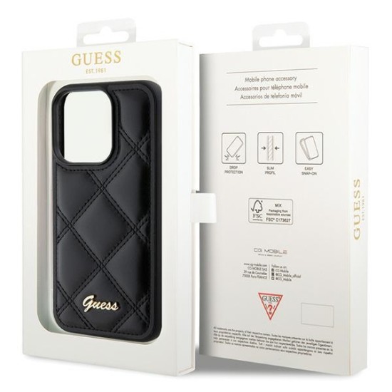 Guess Quilted Metal Logo Collection Back Case GUHCP15LPSQSQSK priekš Apple iPhone 15 Pro - Melns - mākslīgās ādas aizmugures apvalks / bampers-vāciņš