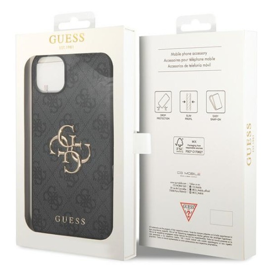 Guess Big Metal Logo Collection Back Case GUHCP15M4GMGGR priekš Apple iPhone 15 Plus - Pelēks - mākslīgās ādas aizmugures apvalks / bampers-vāciņš