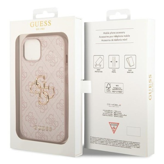Guess Big Metal Logo Collection Back Case GUHCP15M4GMGPI priekš Apple iPhone 15 Plus - Rozā - mākslīgās ādas aizmugures apvalks / bampers-vāciņš