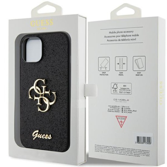 Guess Big 4G Glitter Script Collection Back Case GUHCP15MHG4SGK priekš Apple iPhone 15 Plus - Melns - silikona-plastikāta aizmugures apvalks / bampers-vāciņš