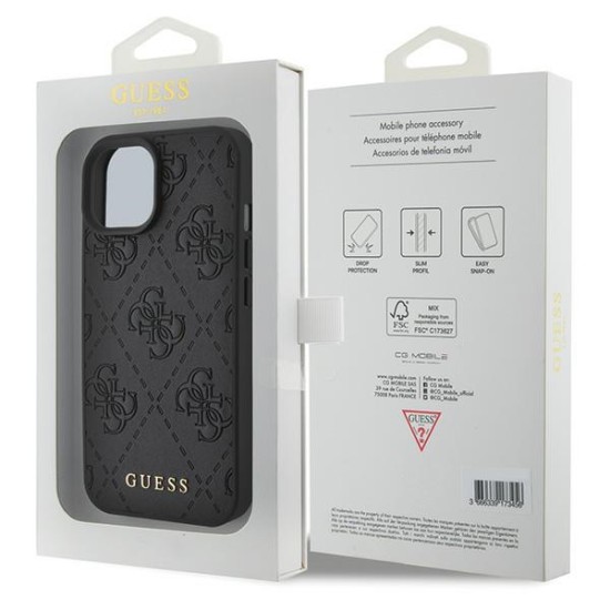 Guess 4G Leather Stamped Collection Back Case GUHCP15SP4EPMK priekš Apple iPhone 15 - Melns - mākslīgās ādas aizmugures apvalks / bampers-vāciņš