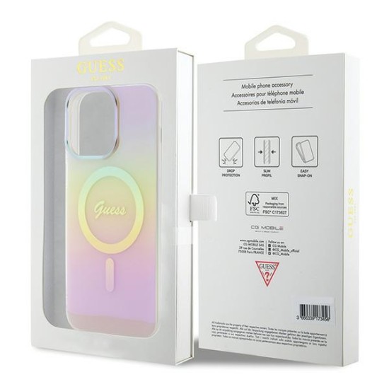 Guess IML Iridescent MagSafe Collection Back Case GUHMP15LHITSP priekš Apple iPhone 15 Pro - Rozā - silikona-plastikāta aizmugures apvalks / bampers-vāciņš