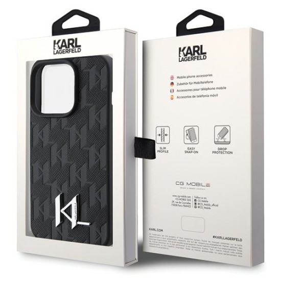 Karl Lagerfeld Leather Monogram Hot Stamp Metal series Back Case KLHCP15LPKLPKLK priekš Apple iPhone 15 Pro - Melns - silikona-plastikāta aizmugures apvalks / bampers-vāciņš