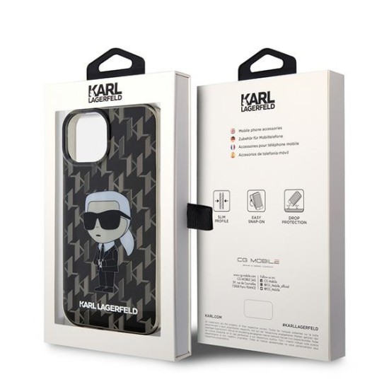 Karl Lagerfeld Monogram Ikonik series Back Case KLHCP15SHNKMKLK priekš Apple iPhone 15 - Melns - silikona-plastikāta aizmugures apvalks / bampers-vāciņš
