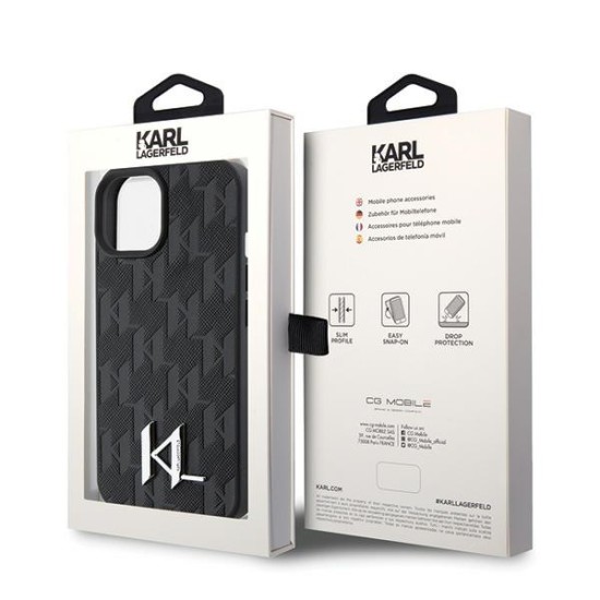 Karl Lagerfeld Leather Monogram Hot Stamp Metal series Back Case KLHCP15SPKLPKLK priekš Apple iPhone 15 - Melns - silikona-plastikāta aizmugures apvalks / bampers-vāciņš