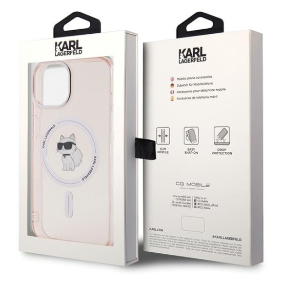 Karl Lagerfeld IML Choupette MagSafe series Back Case KLHMP15SHFCCNOP priekš Apple iPhone 15 - Rozā - silikona-plastikāta aizmugures apvalks / bampers-vāciņš