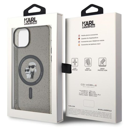 Karl Lagerfeld Karl&Choupette Glitter MagSafe series Back Case KLHMP15SHGKCNOK priekš Apple iPhone 15 - Melns - silikona-plastikāta aizmugures apvalks / bampers-vāciņš