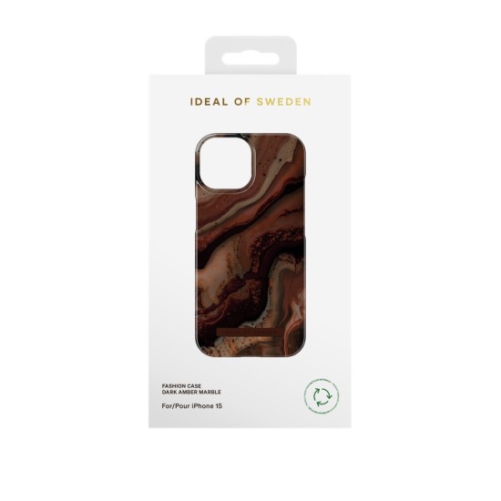 iDeal of Sweden Fashion Back Case priekš Apple iPhone 15 - Dark Amber Marble - plastikāta aizmugures apvalks ar iebūvētu metālisku plāksni / bampers-vāciņš